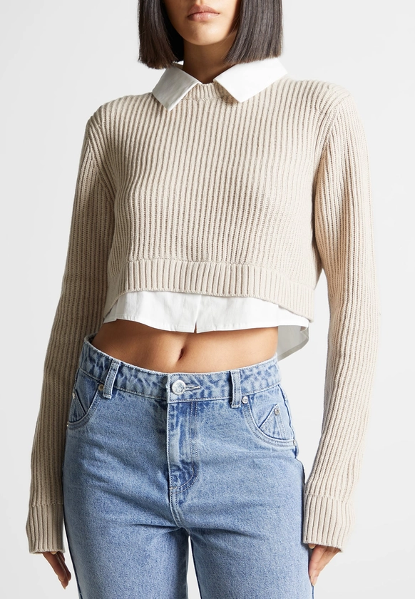 Knitted Jumper with Shirt Detail - White/Beige | Manière De Voir USA