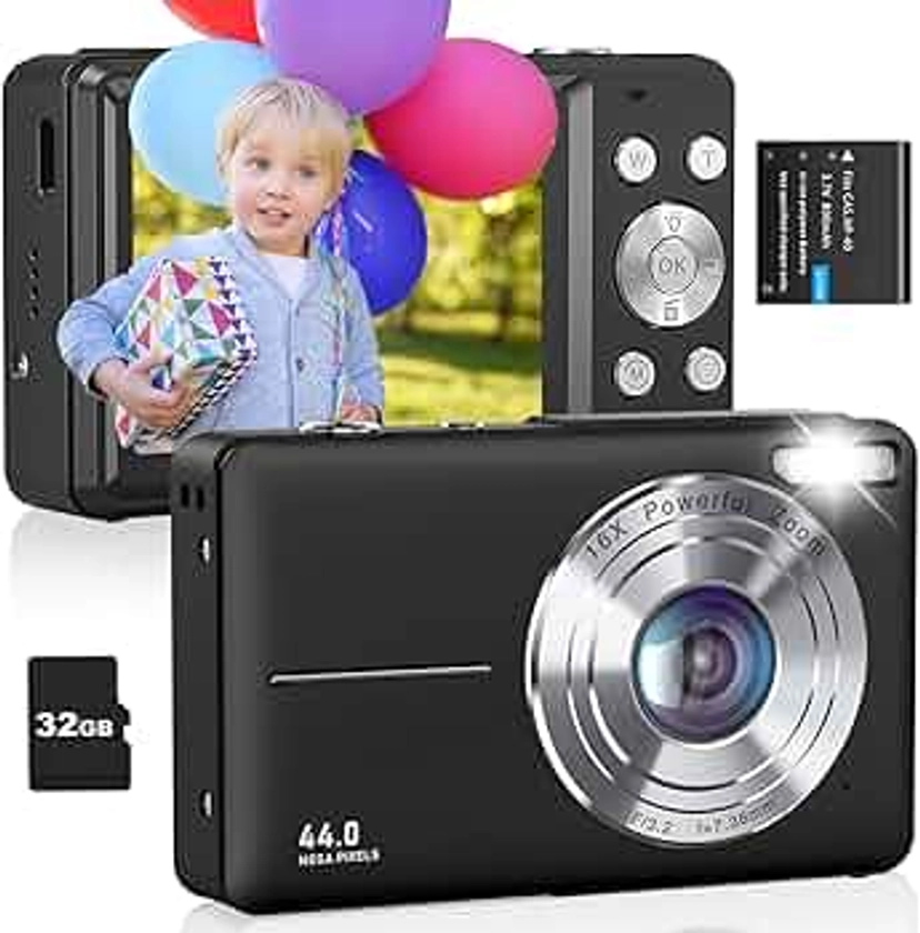 Digital Camera, FHD 1080P Kids Camera, 44MP Point and Shoot Digital Cameras with 32GB Card, 16X Digital Zoom, Anti Shake, Compact Small Cameras for Boys Girls Teens Students, Black