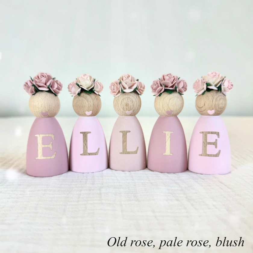 Personalised peg dolls, christening gift for girls, floral nursery decor shelf accessories, new baby gift, nursery name sign, wooden letter