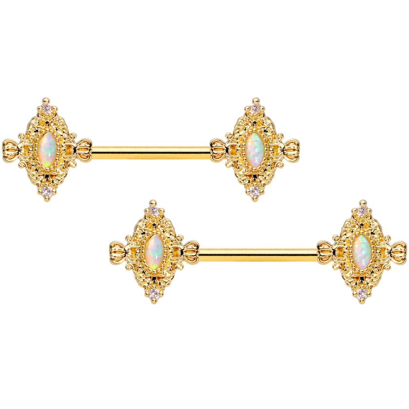 14 Gauge 9/16 White Synthetic Opal Gold Tone Barbell Nipple Ring Set