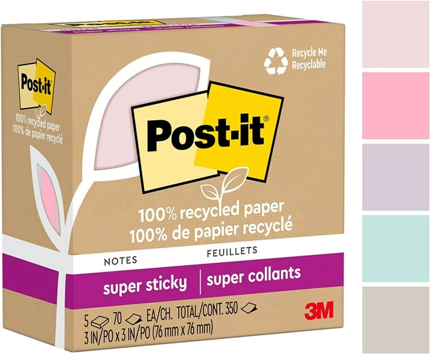 Amazon.com : Post-it 100% Recycled Paper Super Sticky Notes, 2X The Sticking Power, 3x3 in, 5 Pads, 70 Sheets/Pad, Wanderlust Pastels Collection (654R-5SSNRP) : Office Products