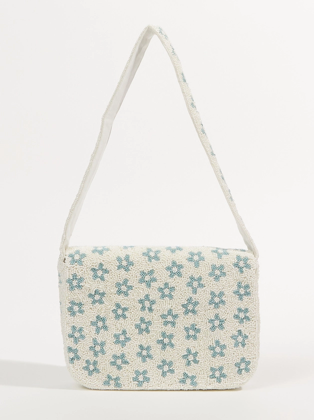 Beaded Daisy Shoulder Bag in White & Blue | Arula