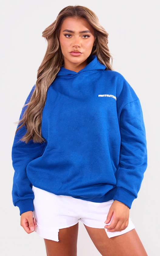 Prettylittlething Cobalt Puff Back Print Hoodie