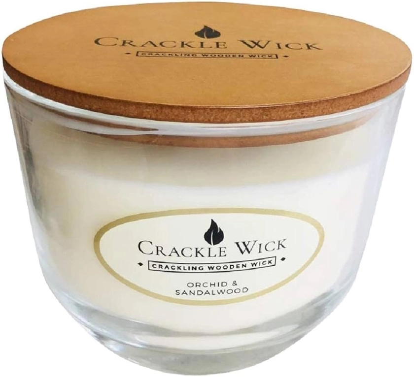 Crackle Wick Large Scented Candle in Round Glass Jar 485g - Orchid & Sandalwood