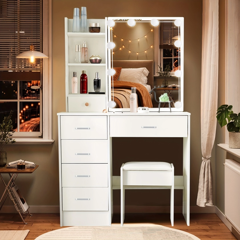 1 set of LED light-emitting dressing table, adjustable 3 kinds of brightness, white with drawer dressing table and 5 drawer upholstered stool, suffici