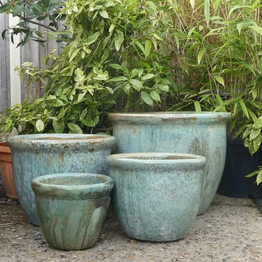 Opal Green Glazed Roll Top Planters | Pots To Inspire