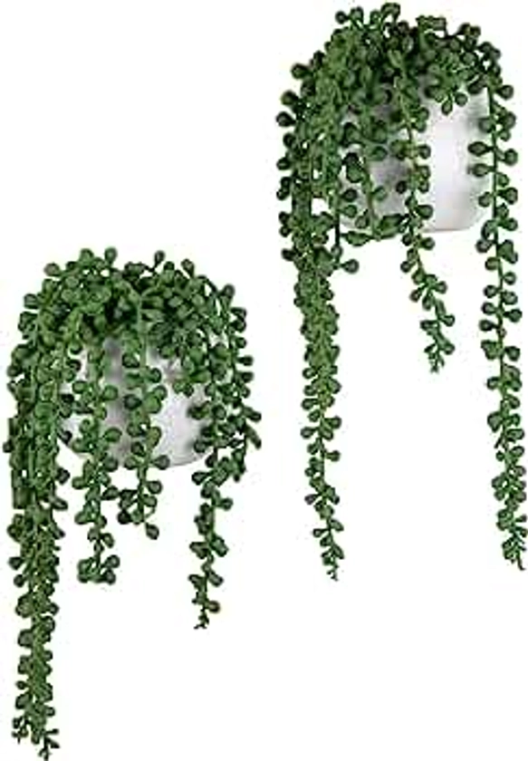 MyGift Artificial Faux String of Pearls Plants in White Ceramic Wall Hanging Planter Pot with Jute Rope, Set of 2