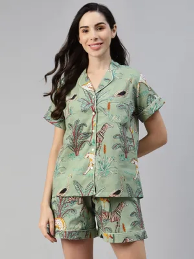 Divena Sea Green Cotton Animal Print Night Suit (Set of 2)