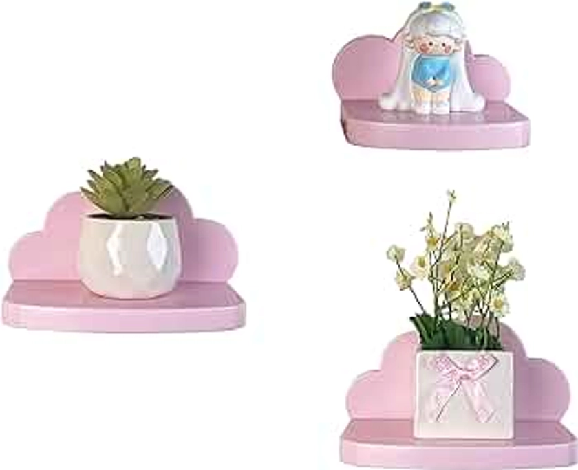 Veluckin Small Floating Shelves Mini Cloud Shelves Hanging Display 6 Inch Wall Shelf for Bathroom Livingroom Bedroom,3 Pack,with 2 Types of Installation, Pink, 6"D x 3"W x 3.5"H