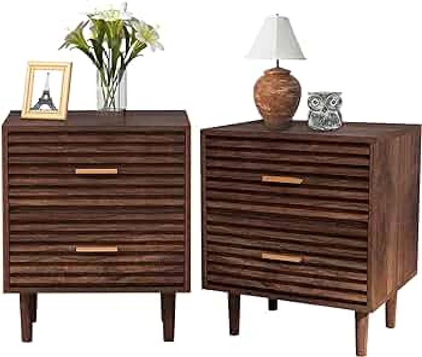 Nightstands Set of 2 End Table with 2 Drawers, Bed Side Table for Bedroom, Mid Century Modern Side Table with Storage Vintage Wood Accent Table for Living Room, Rustic Brown (2 Pack)