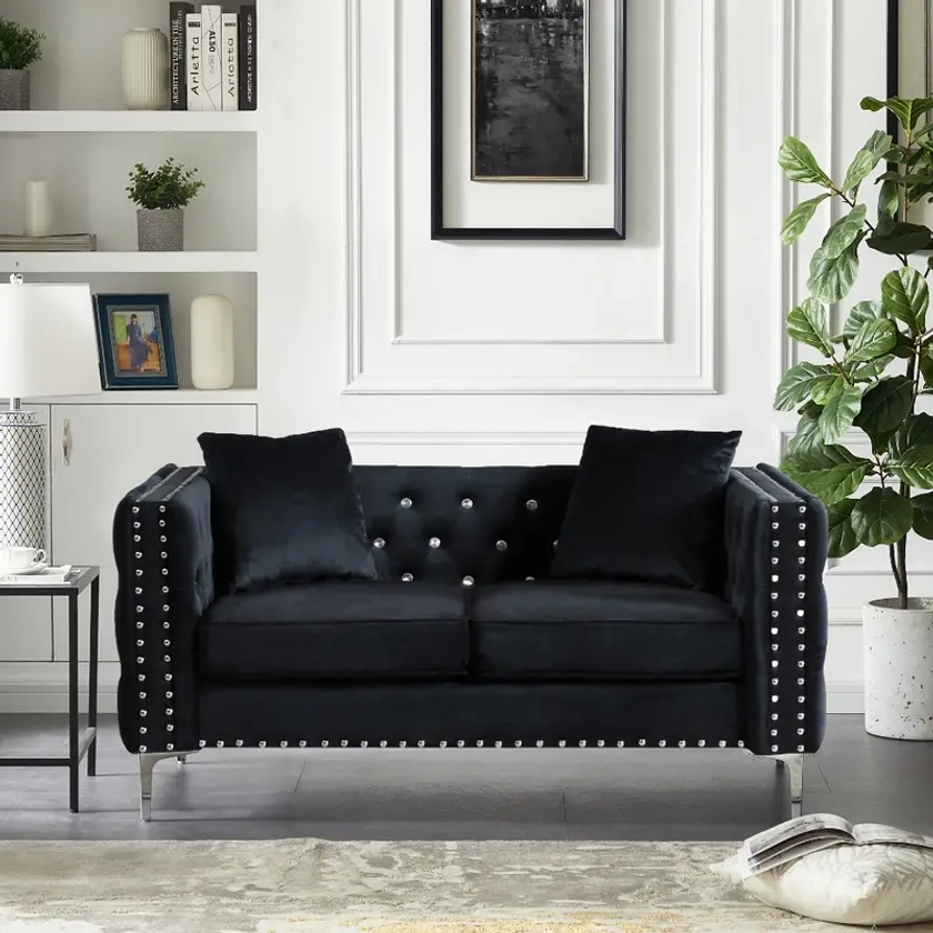 Black velvet sofa with buttons, square arms, 2 pillows