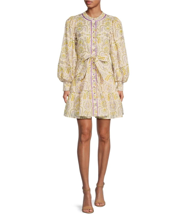 A Loves A Voile Floral Printed Round Neck Lantern Sleeve Button Front Mini Dress | Dillard's