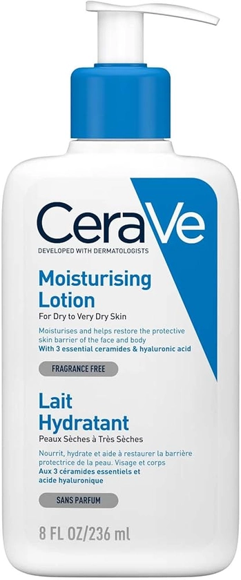 CeraVe Moisturising Lotion, with hyaluronic acid and 3 essential ceramides, Daily Face & Body Moisturiser for Dry to Very Dry Skin (Packaging may vary) 236 ml (Pack of 1)