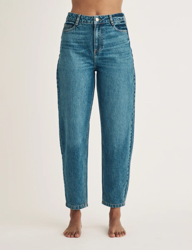 Mid Wash High Rise Barrel Leg Jeans