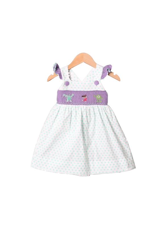 Smocked Monsters Mint and Lavender Ruffle Dress