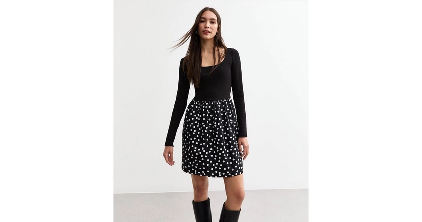 Black Scoop Neck Polka Dot Poplin Mini Dress | New Look