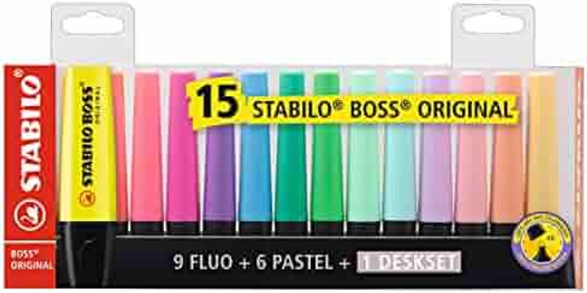 Highlighter - STABILO BOSS ORIGINAL - Deskset of 15 - 9 Fluorescent Colours + 6 Pastel Colours