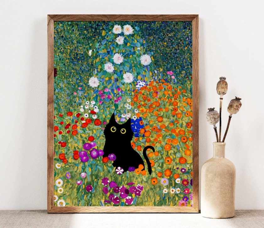 Gustav Klimt Garden Cat Print, Klimt Flowers Cat Poster, Black Cat Art, Floral Print, Funny Cat print, Funny gift, Home decor Poster PS0501