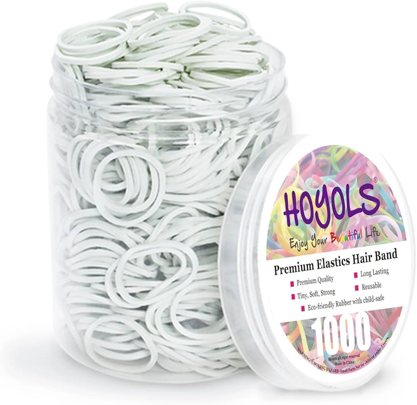 HOYOLS 1/2 Inch Small White Rubber Bands for Hair Ties Elastics Mini Toddler Braids Ponytail Holders for Baby Girls Infants Kids Thick Hair White Rubberbands No Damage Office 1000pcs (S) Latex-Free