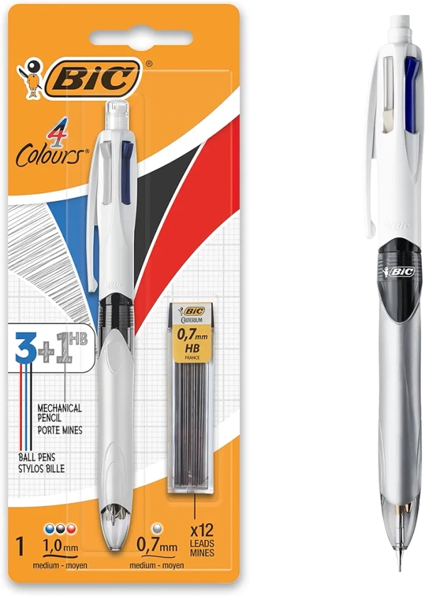 BIC 4 Couleurs 3+1 HB Stylo-Bille Rétractable et Porte-Mines, Parfait pour l'Ecole et au Bureau, Blister de 1 + 12 Mines 0,7 mm HB