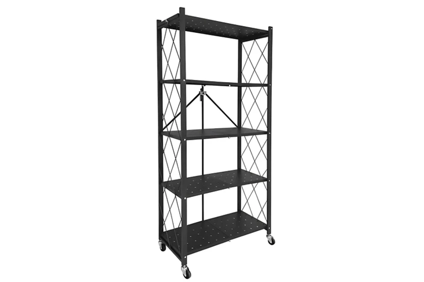 5 Tier Foldable Shelf Metal Display Rack Floor Standing Storage Capacity 100kg with Wheels for Commercial Retail Stores Bookcase Home Organizer Black