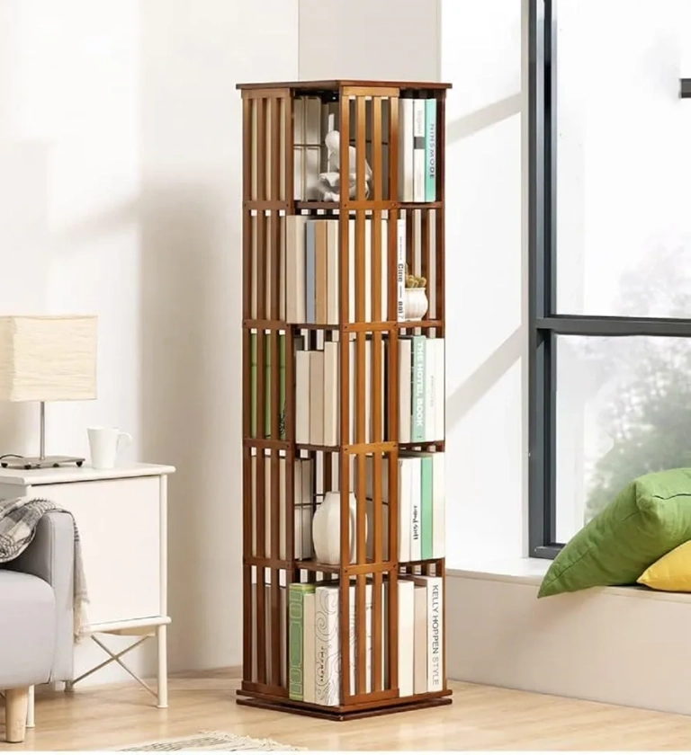 VELVET ENTERPRISES 360 Rotating Bookshelf - Bamboo Storage Display Rack | Open Design Shelving for Living Room, Study Room, Office | Standing Shelves Size - 72'' x 18'' x 18'' Inch : Amazon.in: Home & Kitchen