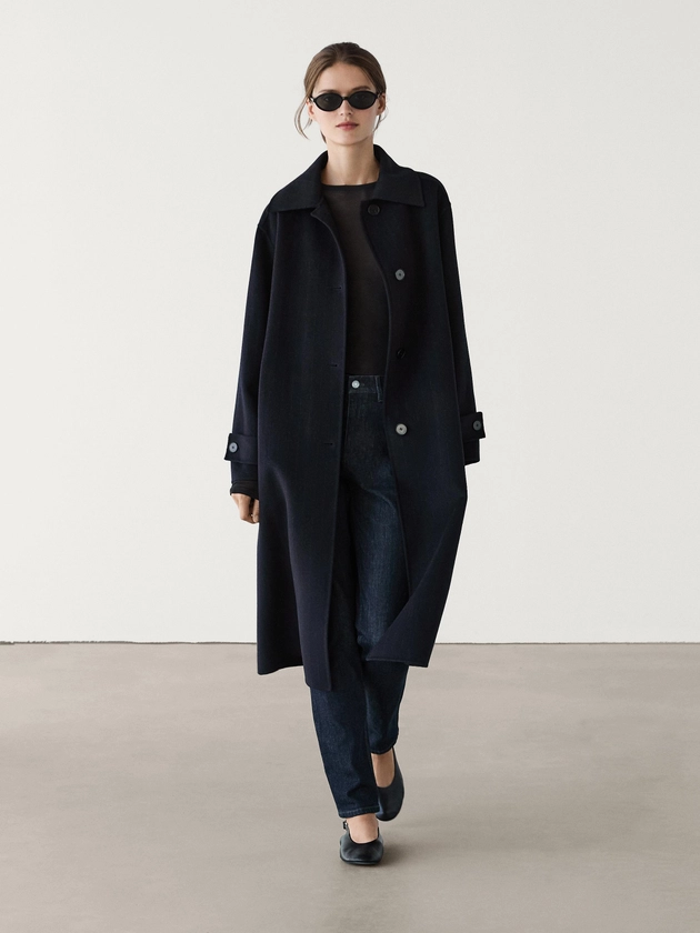 Lange jas van wolmix met krijtstreep · Marineblauw · Coats And Jackets | Massimo Dutti