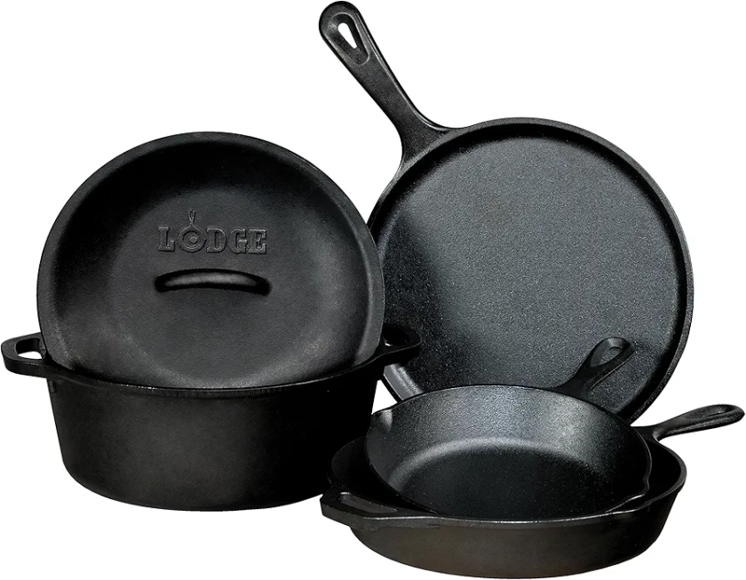 Lodge Seasoned Cast Iron 5 Piece Bundle. 10.5" Griddle, 8" Skillet, 10.25" Skillet, 10.25" Dutch Oven, and 10.25" Lid,Black