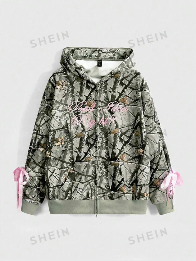 ROMWE Street Life Y2K Streetwear Ribbon Bow Camouflage & Letter Print Women Sweatshirt