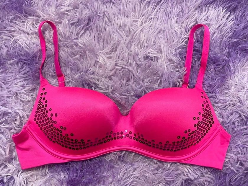 Victoria's Secret Lined underwire balconette bra 34B Pink Sequin Details Y2k