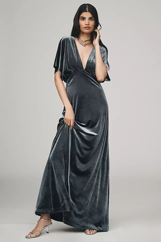 BHLDN Amelia Deep-V Stretch Velvet Maxi Dress