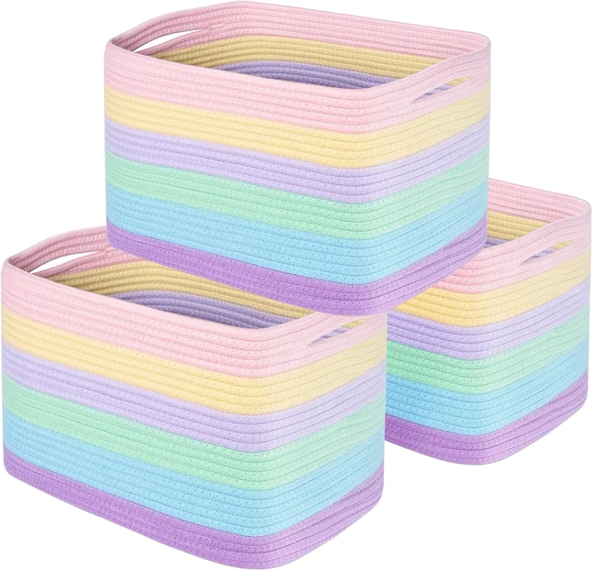 MINTWOOD Design 3-Pack Storage Baskets for Shelves, Playroom and Classroom Storage Basket, Book Basket, Decorative Storage Cube Bins, Woven Closet Organizers, Pantry and Shoe Basket, Pastel Rainbow