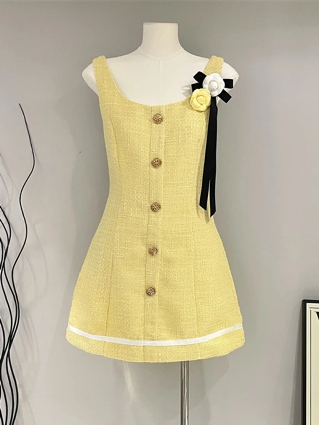 Vestido de fiesta de Tweed para mujer, prenda pequeña y fragante de color amarillo, estilo coreano, dulce, a la moda, con flores en 3D, para verano, 2023