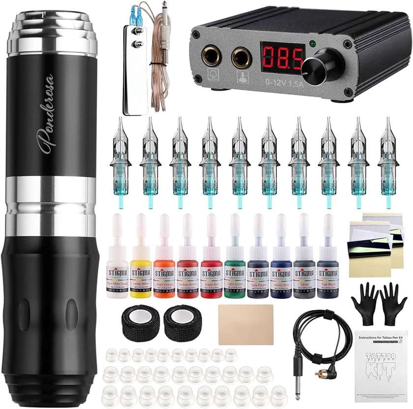 STIGMA Tattoo Machine Kit Complete Rotary Machine Set Tattoo Pen with 10Pcs Tattoo Cartridges Needles Digital Display Power Supply for Beginners and Tattoo Artists STP35KITP192-5-UK