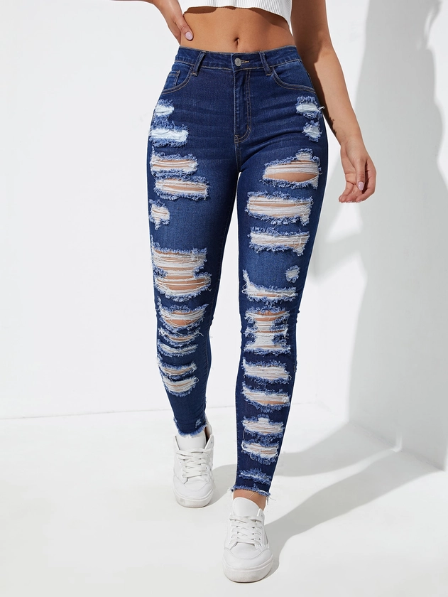 SHEIN Essnce Ladder Distressed Raw Trim Skinny Jeans