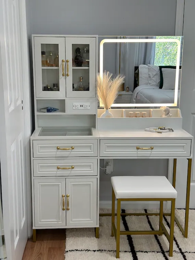 Makeup Vanity Desk with Mirror and Lights - Vanity Table Set with Glass Top Storage Drawer and Bench for Bedroom, in White and Gold