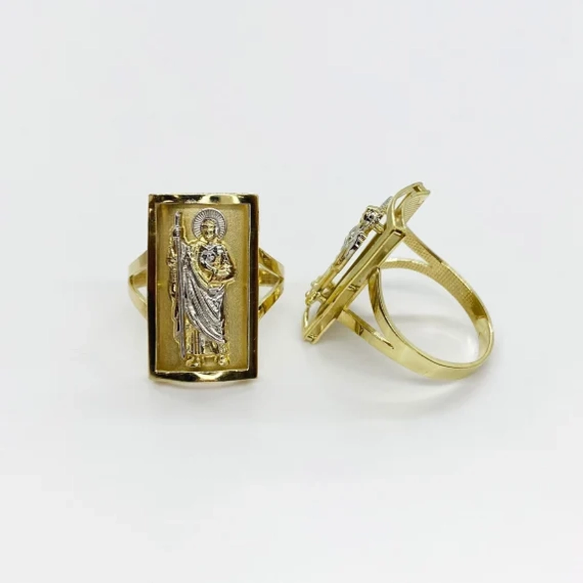 10k/14k Solid Gold Saint Jude San Judas Square Rectangular Ring for Men Women