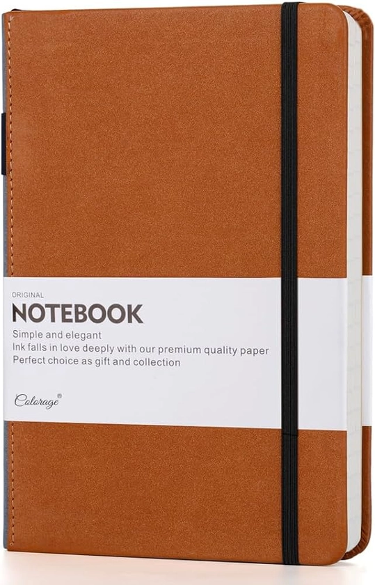 A5 Notebook - Journal Notebook with Faux Leather Cover, Dotted, Thick Notebook with 192 Pages for Writing, Brown, 8.4 x 5.7 inch, Pen Holder, Bookmark, Back Pocket and Banded
