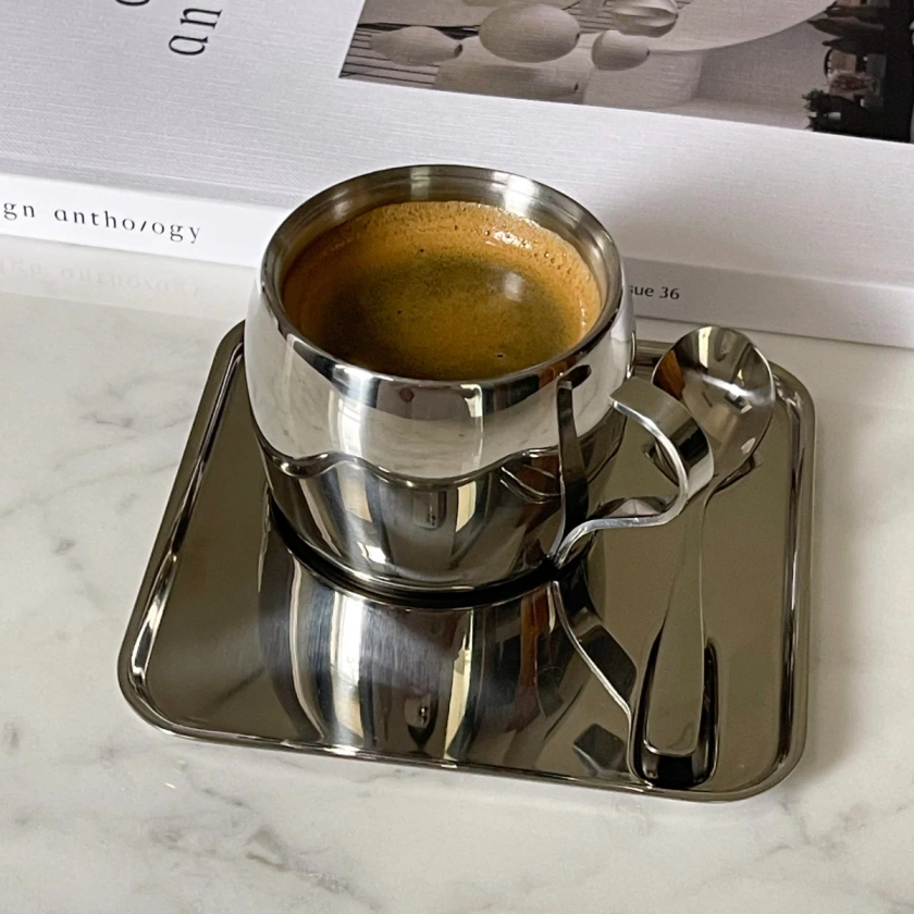Italian style Steel Expresso Coffee Cup with Saucer & Spoon