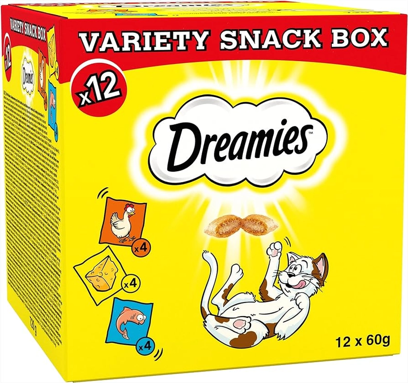 Dreamies Variety Snack Box , 60 g Pouches, Cat Treats Tasty Snacks with Delicious Chicken, Salmon and Cheese Flavours, (12x60g)) : Amazon.co.uk: Pet Supplies