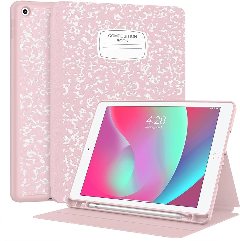 Supveco Case for iPad 9th/8th/7th Generation 10.2 inch (2021/2020/2019 Model) with Pencil Holder, Premium Folio Stand Case with Auto Wake/Sleep,Soft TPU Back Shell Cover for iPad 10.2 Inch-Pink