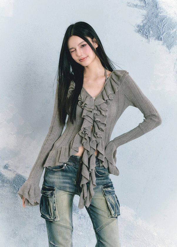 Front Frill Ribbon Tight Fit Long Sleeve Knit