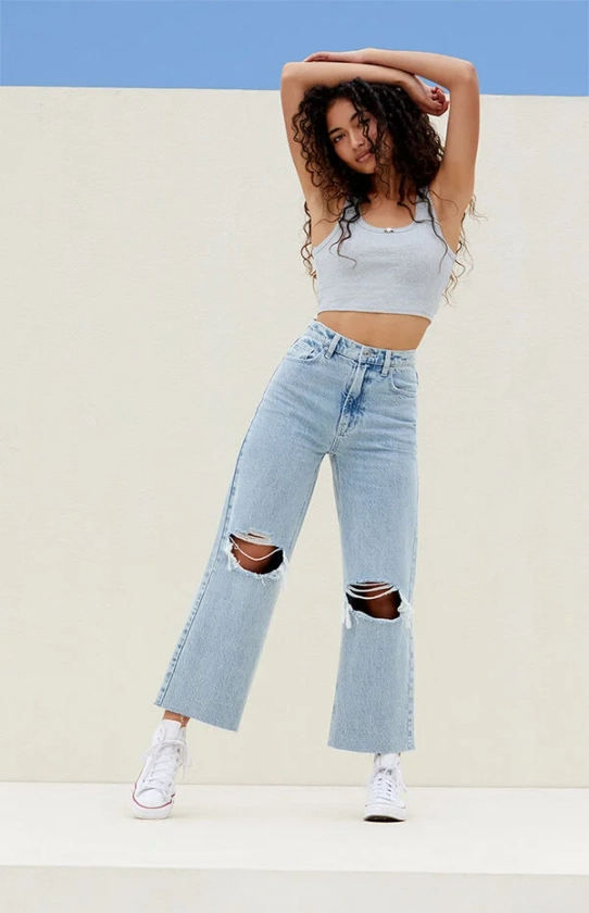 Light Indigo Ripped Cropped Wide Leg Jeans
