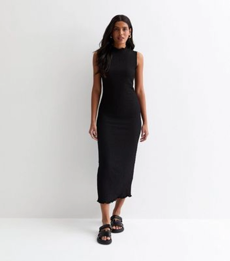 Black Crinkle Sleeveless Midi Dress