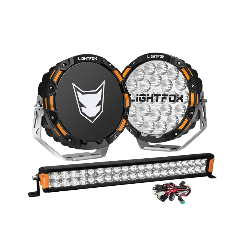 Lightfox OSRAM 9 inch LED Driving Lights + 20 inch Dual Row LED Light Bar + Wiring Kit