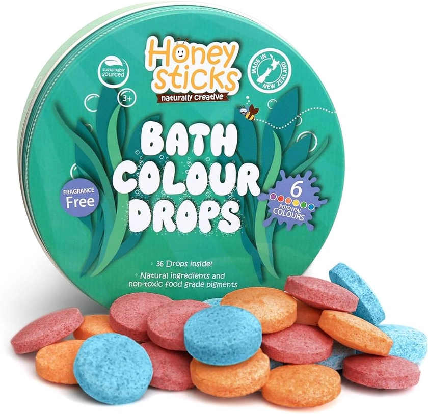 Honeysticks Bath Colour Tablets for Kids - Non Toxic Bathtub Drops Made with Natural Ingredients and Food Grade Colours - Fragrance Free - Fizzy, Brightly Coloured Bathtime Fun, Great Gift - 36 Drops