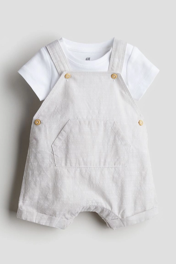 2-piece cotton set - Round neck - Short sleeve - Light beige/Striped - Kids | H&M GB