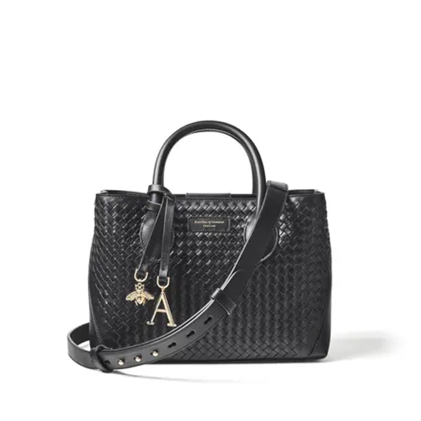 Midi London Tote Bag in Black Woven Leather