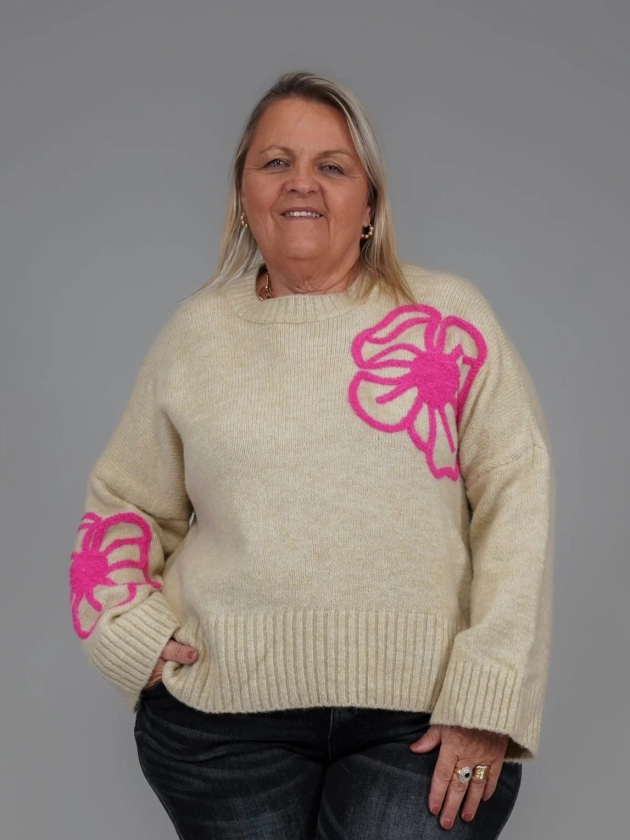 Pull camel à fleurs fuchsia - 1115