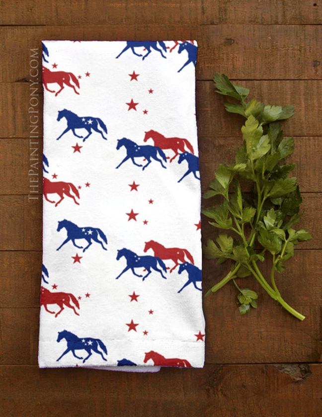 Red White and Blue Stars and Horses Equestrian Terry Hand Towel